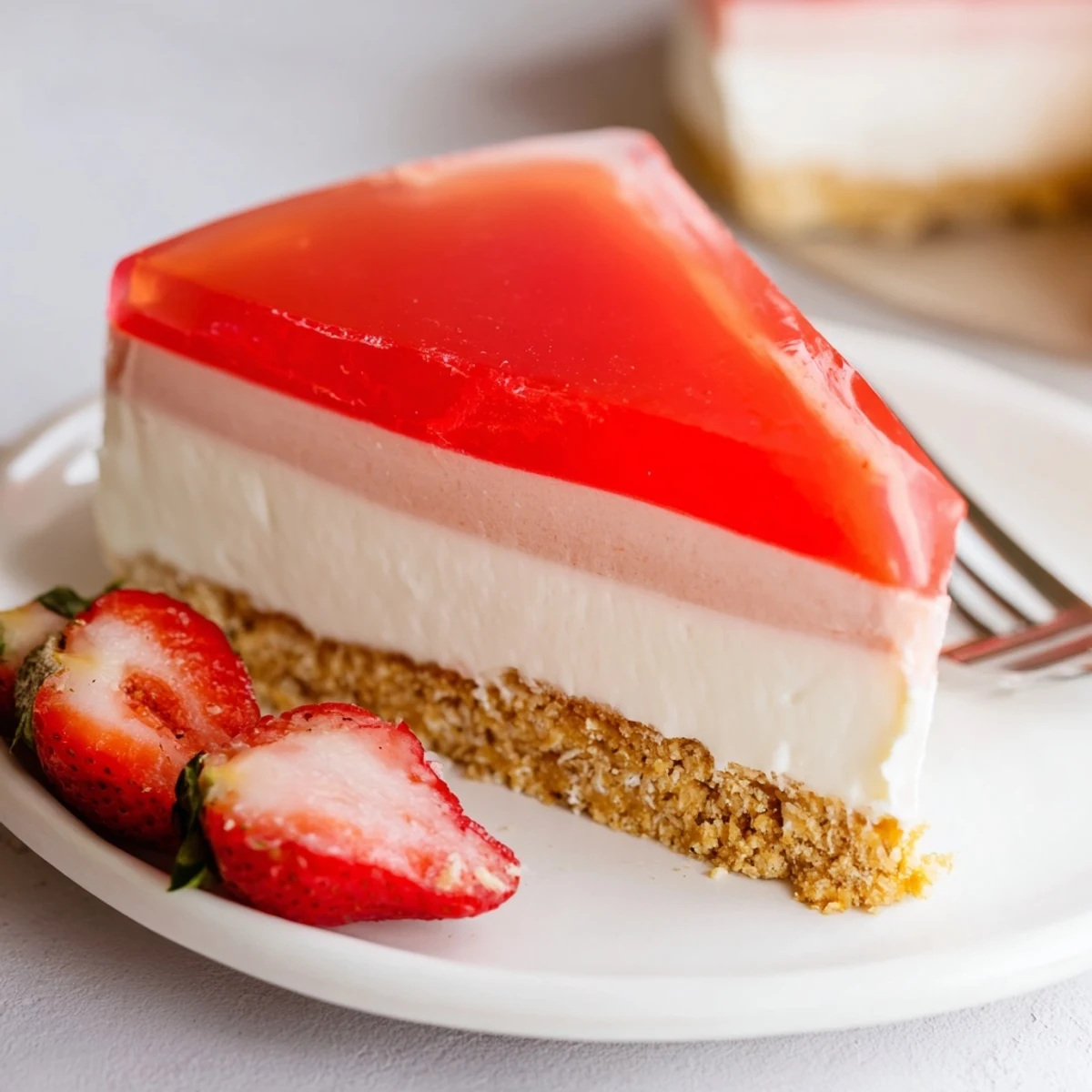 Creamy no bake Greek yogurt jello cheesecake with graham cracker crust and vibrant fruit gelatin topping