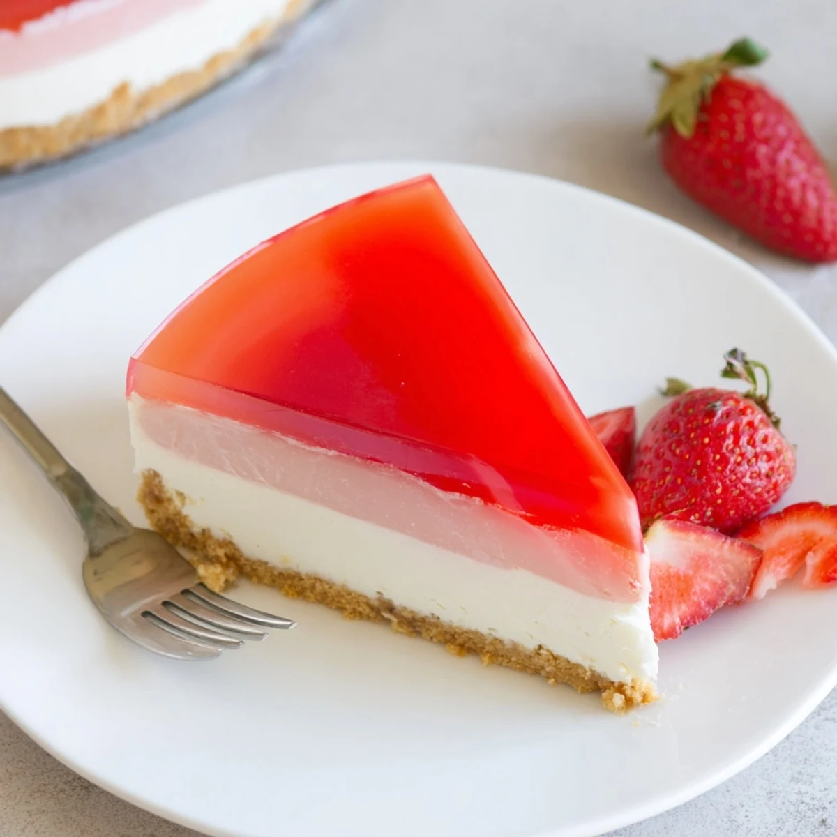Slice of Greek yogurt jello cheesecake featuring smooth vanilla filling and translucent wobbly fruit layer on buttery crust