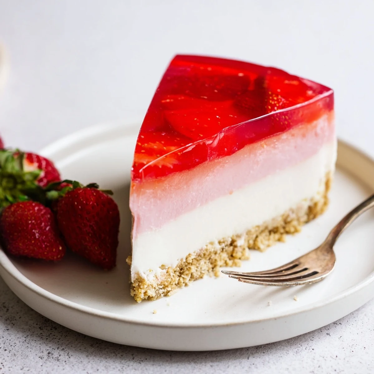 Chilled no bake Greek yogurt jello cheesecake dessert showcasing white creamy layers topped with colorful fruit gelatin