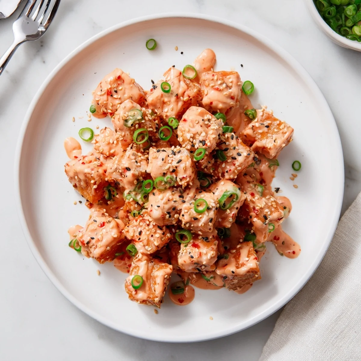 Appetizer plate featuring crispy Bang Bang salmon bites sprinkled with sesame seeds and fresh chives