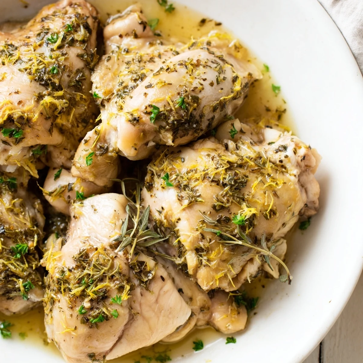 Tender lemon herb chicken thighs slow-cooked to perfection alongside aromatic herbs and buttery fluffy rice