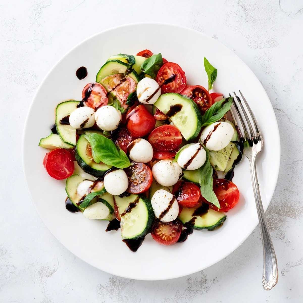 Fresh cucumber Caprese salad bowl with cherry tomatoes, mozzarella, basil, and balsamic glaze