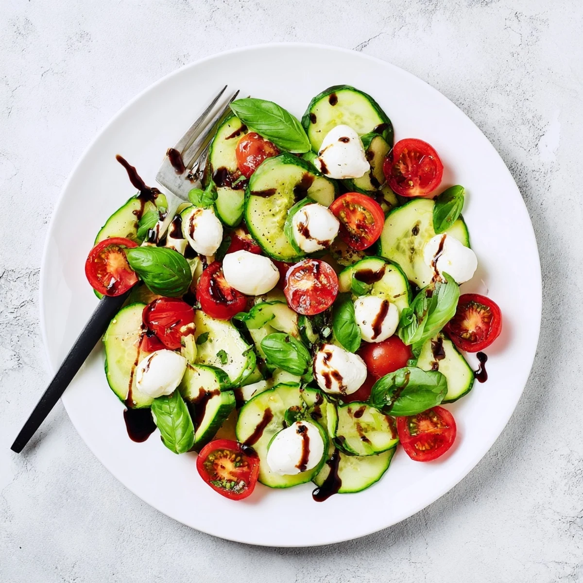 Close-up of juicy cucumber Caprese salad drizzled with tangy balsamic dressing and fresh basil