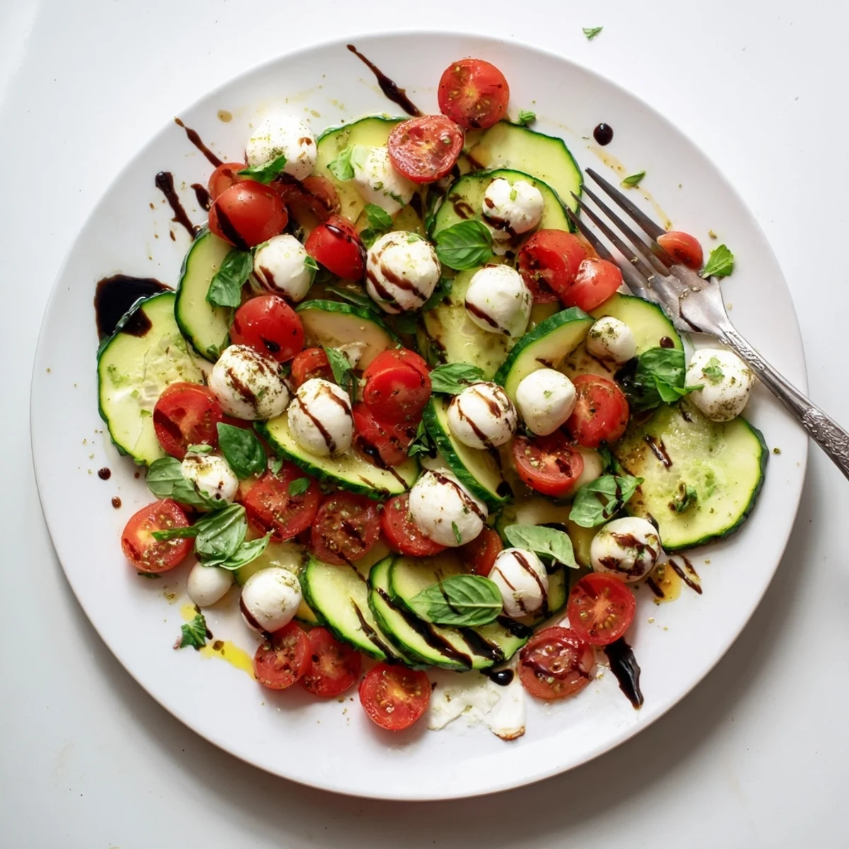 Vibrant Caprese salad featuring crisp cucumbers, ripe tomatoes, and creamy mozzarella in a white bowl