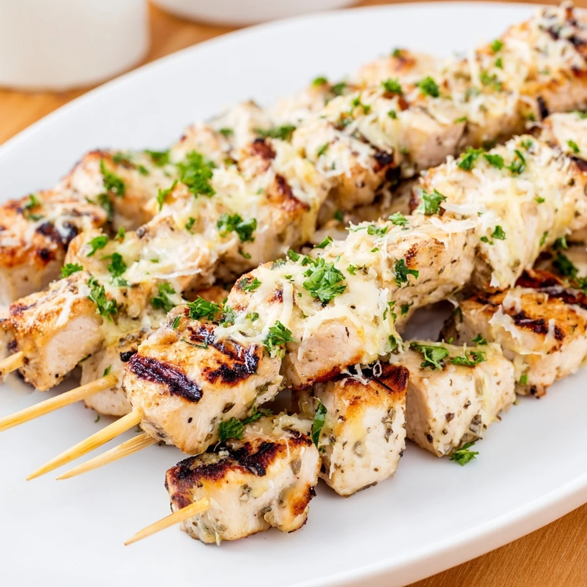 Golden grilled ranch garlic parmesan chicken skewers with melted cheese and fresh parsley garnish
