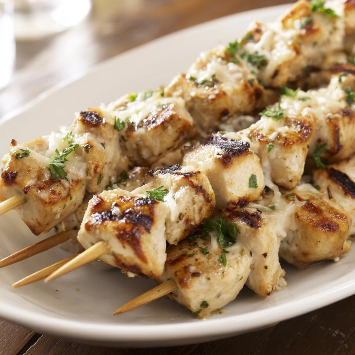 Tender chicken cubes threaded on skewers coated in zesty ranch garlic parmesan crust