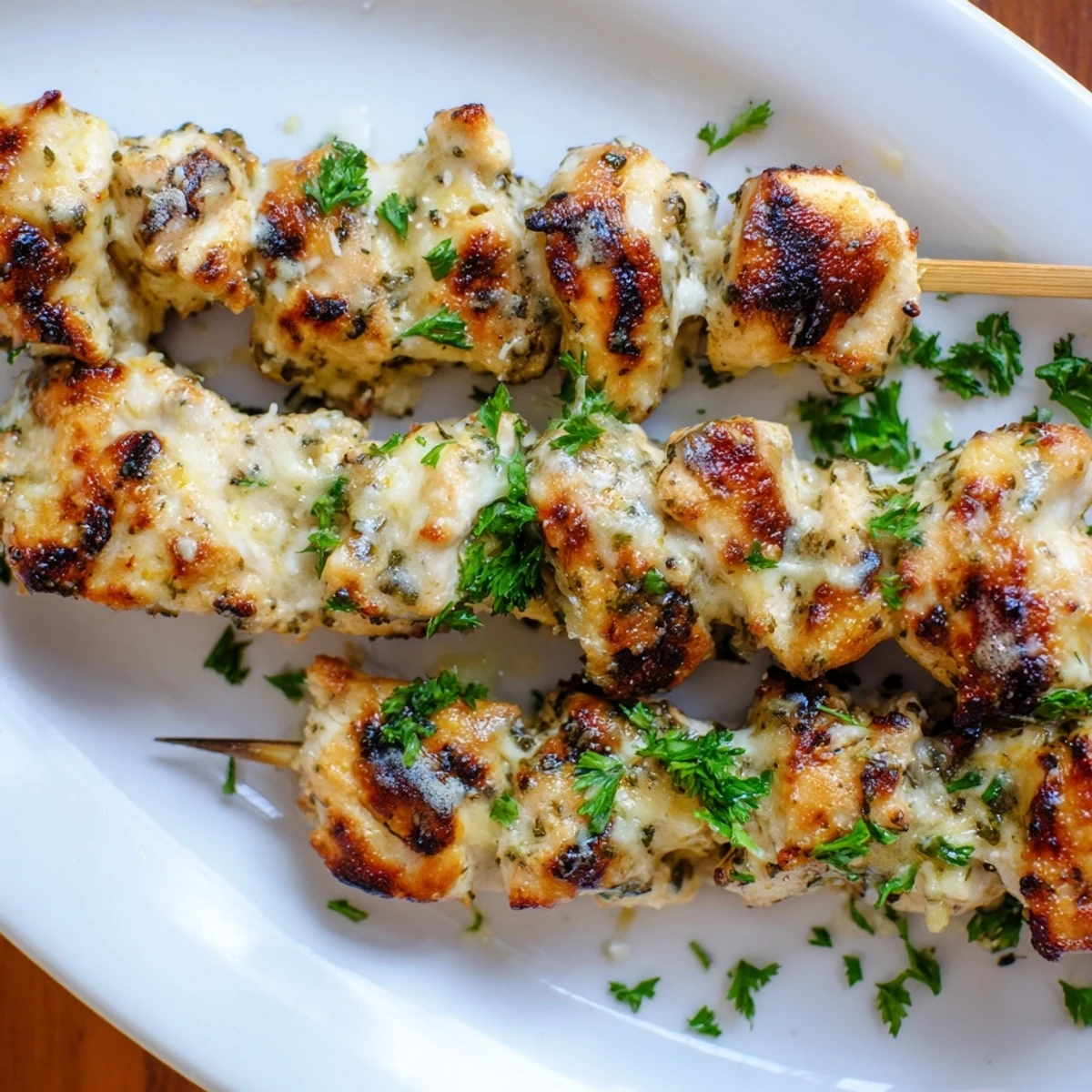 Juicy grilled chicken skewers sprinkled with parmesan cheese after marinating in buttermilk ranch blend