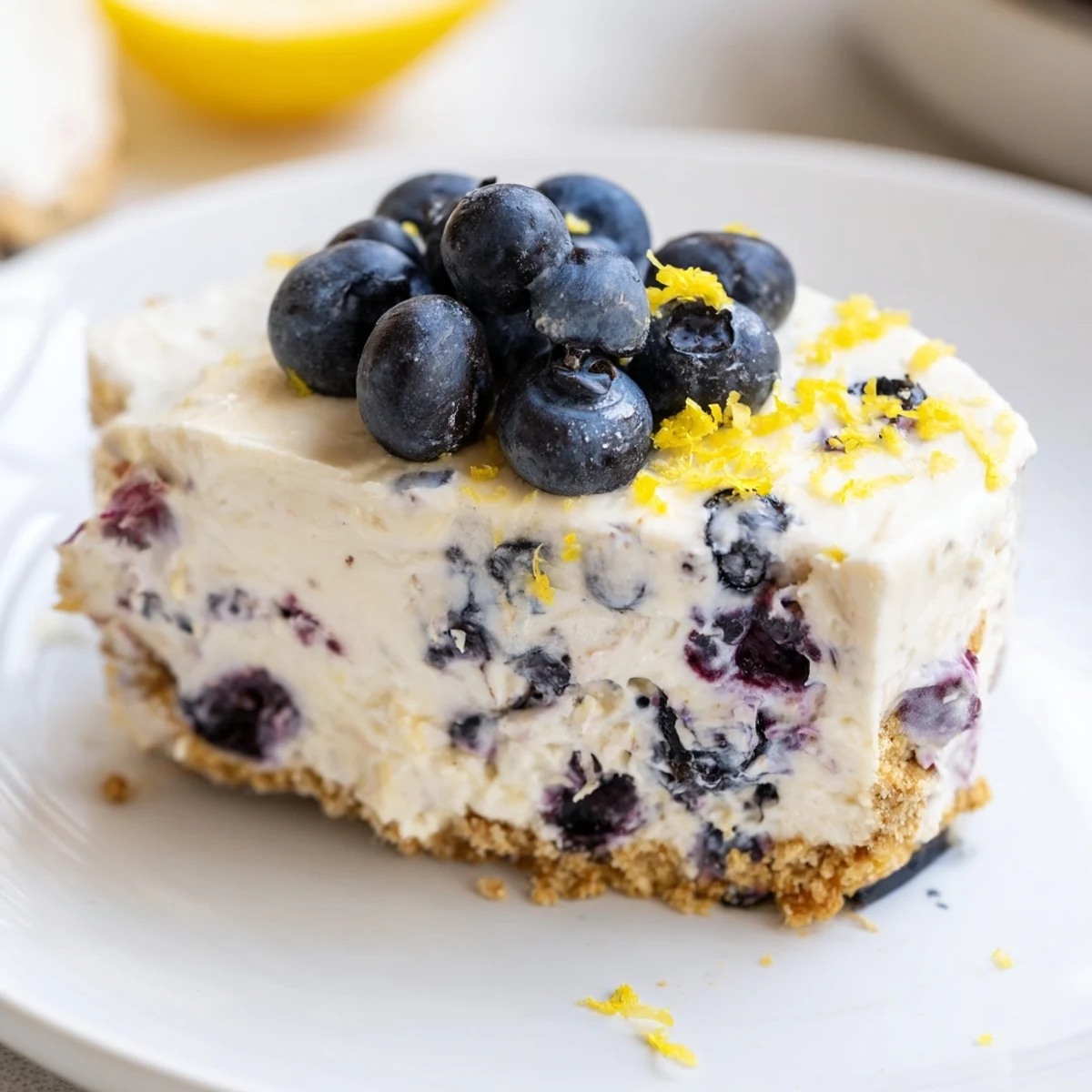 No bake lemon blueberry cream cake with graham cracker crust topped with fresh blueberries and lemon zest