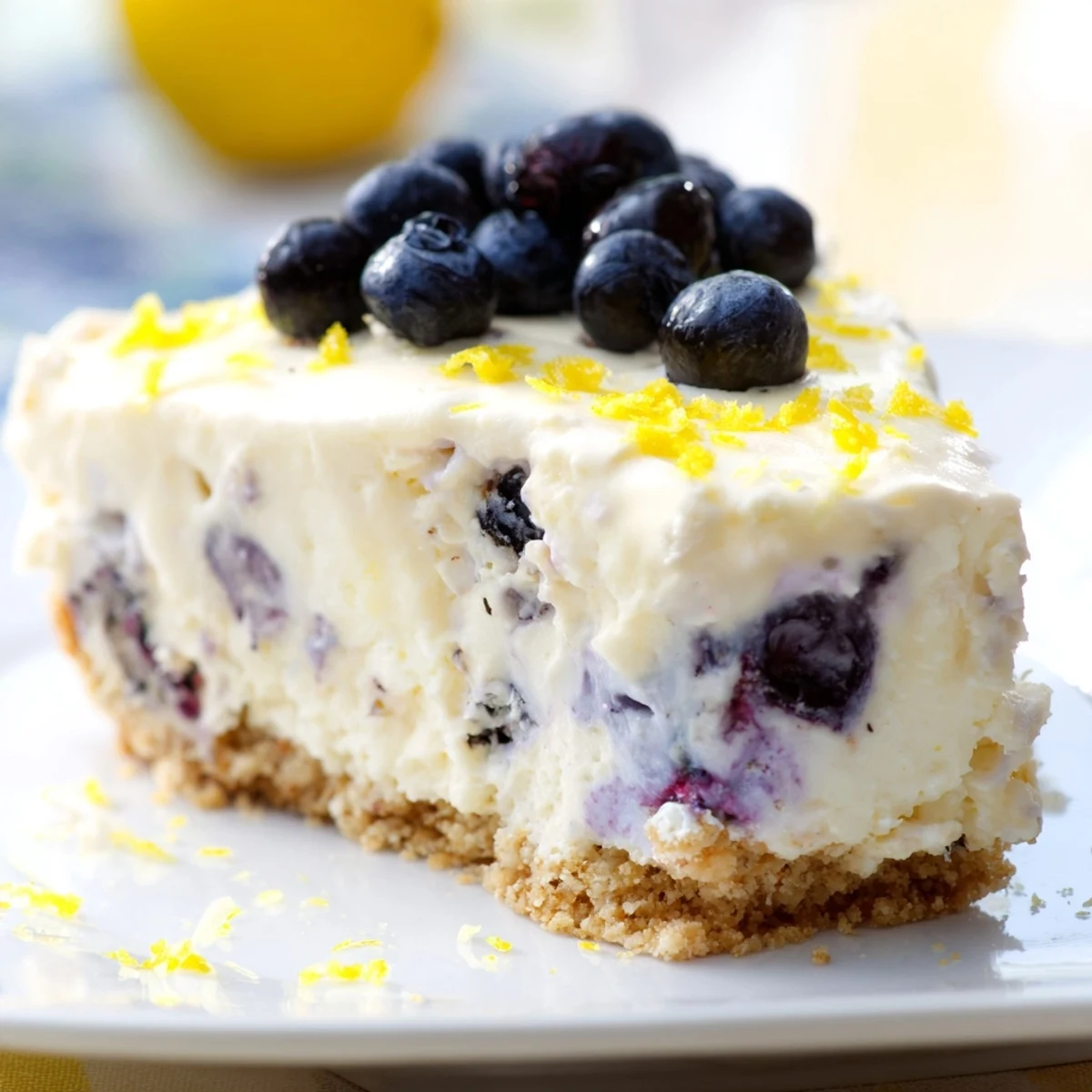 Slices of no bake lemon blueberry cream cake showcasing fluffy texture with fresh blueberry garnish and citrus zest