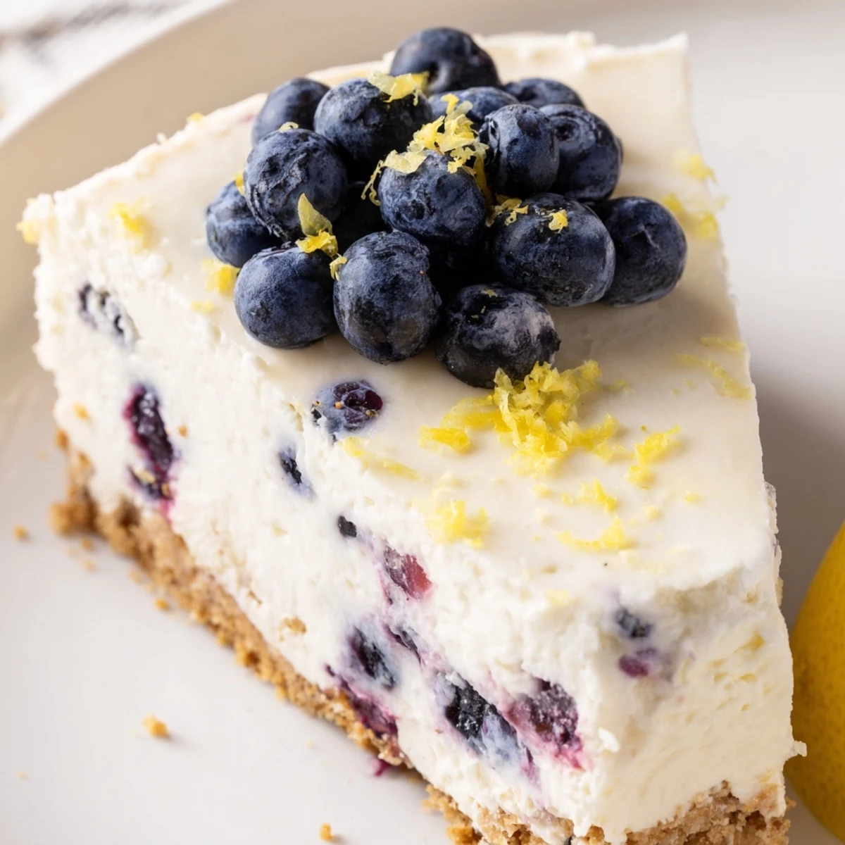Creamy no bake lemon blueberry cake slice featuring whipped filling and vibrant summer berries on white plate