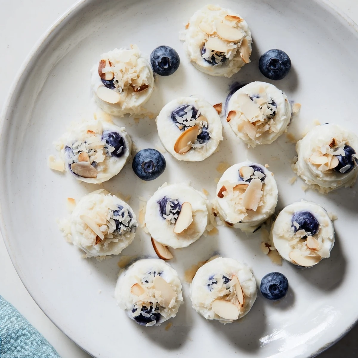 Fresh blueberry Greek yogurt bites arranged on parchment paper with whole blueberries nestled into creamy frozen mounds