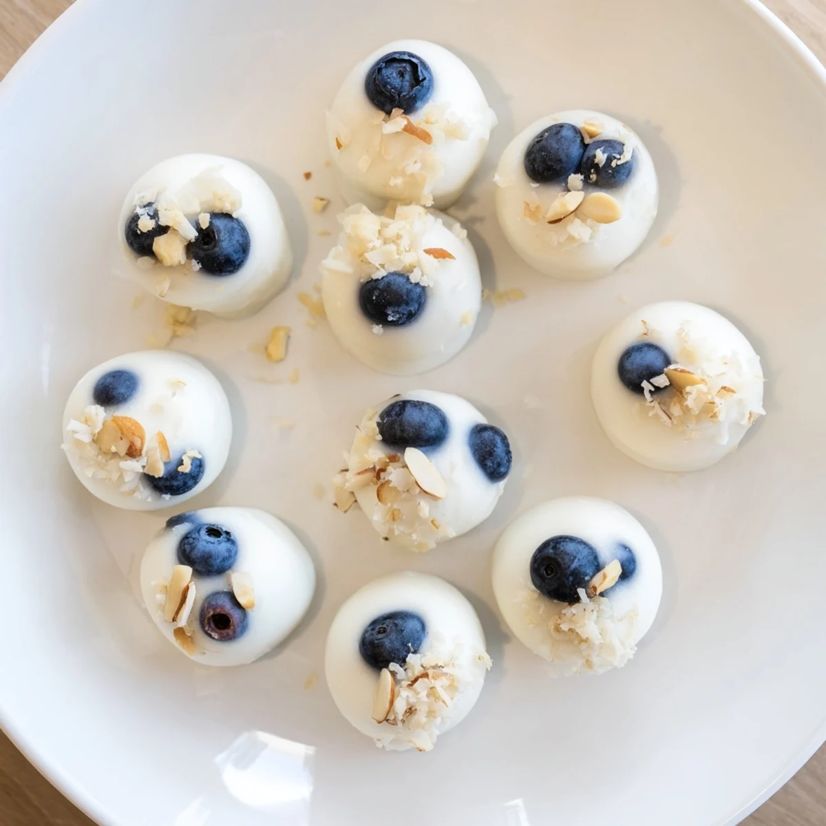 Frozen blueberry Greek yogurt bites topped with chopped almonds and coconut on a white baking sheet ready for snacking