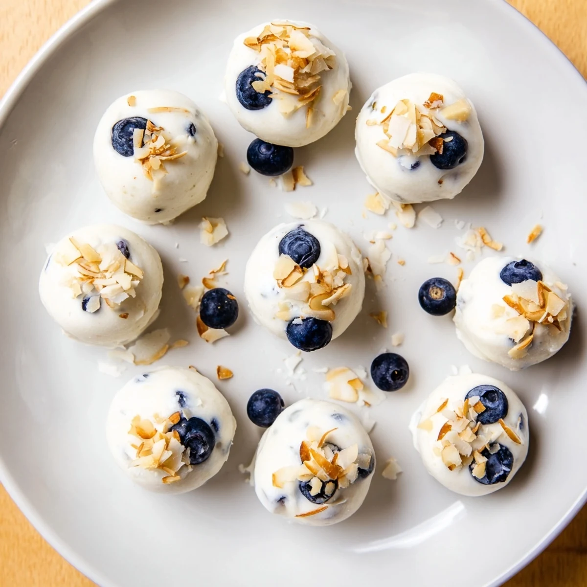 Creamy Greek yogurt bites studded with plump blueberries and garnished with shredded coconut in a freezer-friendly tray