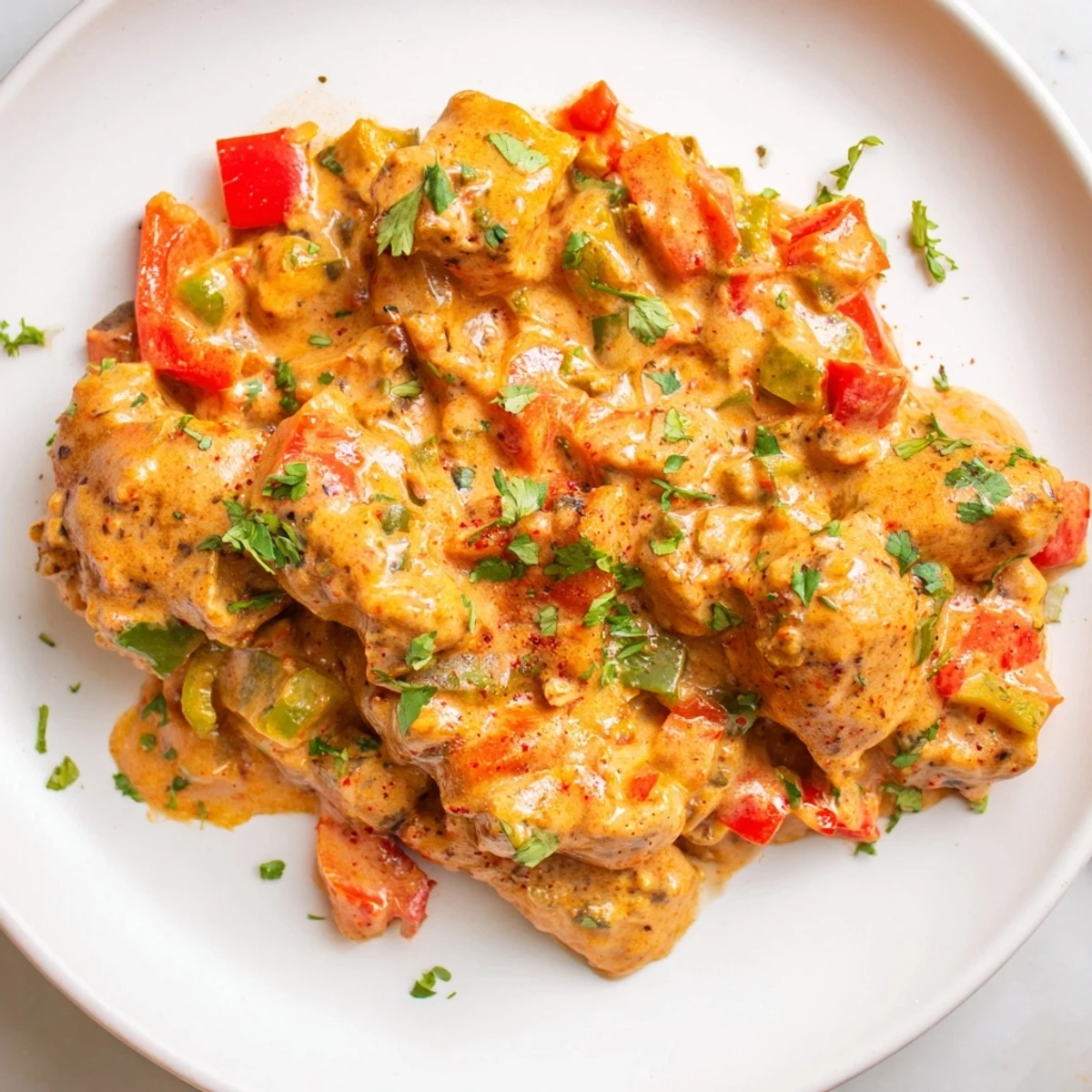 Golden chicken pieces swimming in creamy spicy Brazilian coconut sauce with fresh cilantro garnish