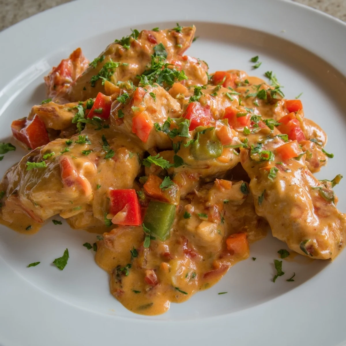 Vibrant spicy Brazilian coconut chicken served with colorful bell peppers and lime wedges on white plate