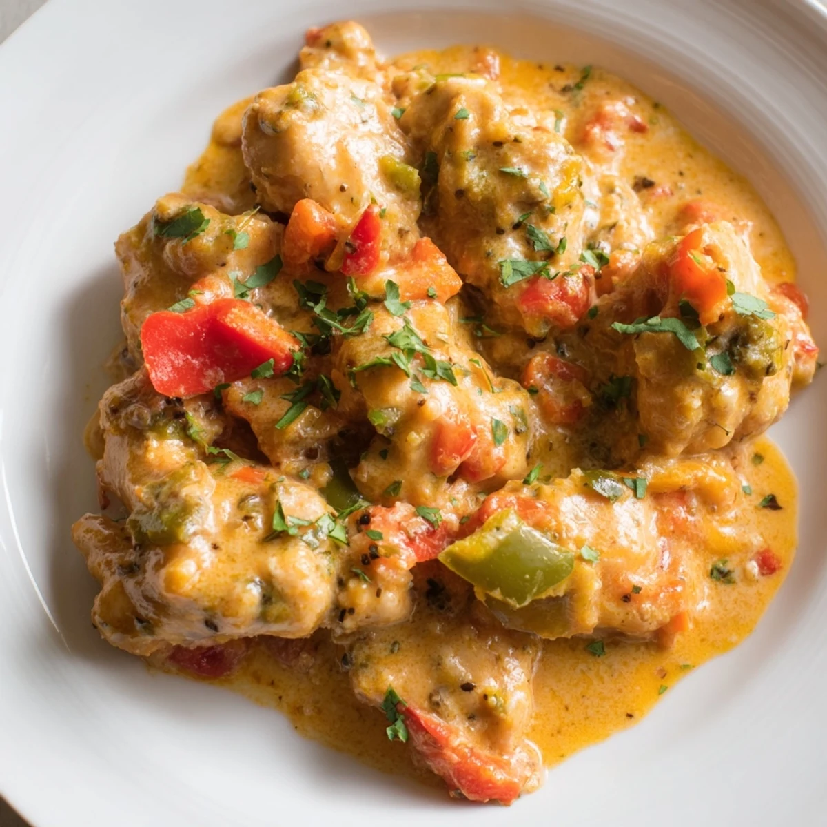 Savory chicken thighs simmered in rich coconut milk sauce with diced tomatoes and aromatic spices