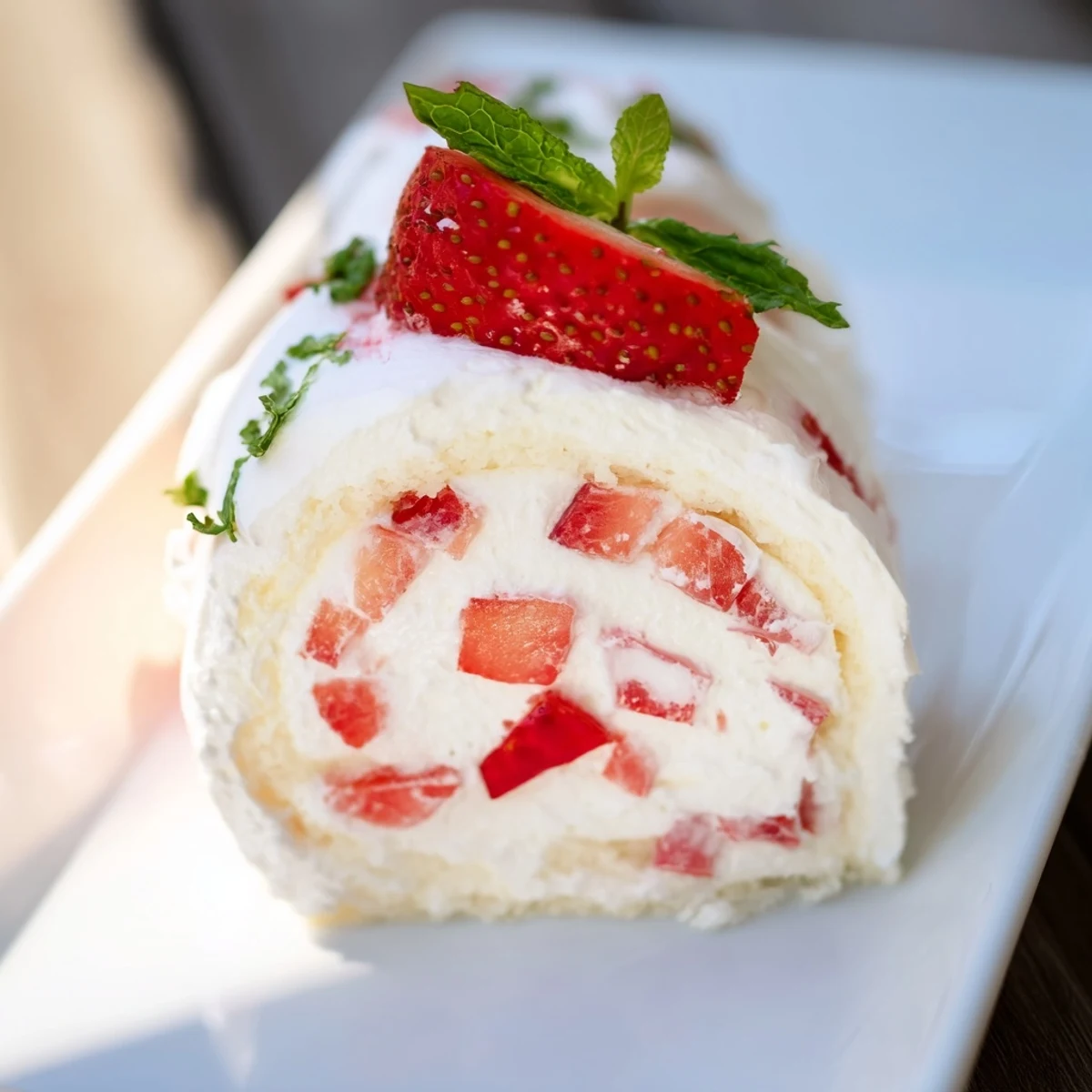 Golden vanilla cake rolled with fresh strawberries and whipped cream in playful Strawberry Shortcake Sushi