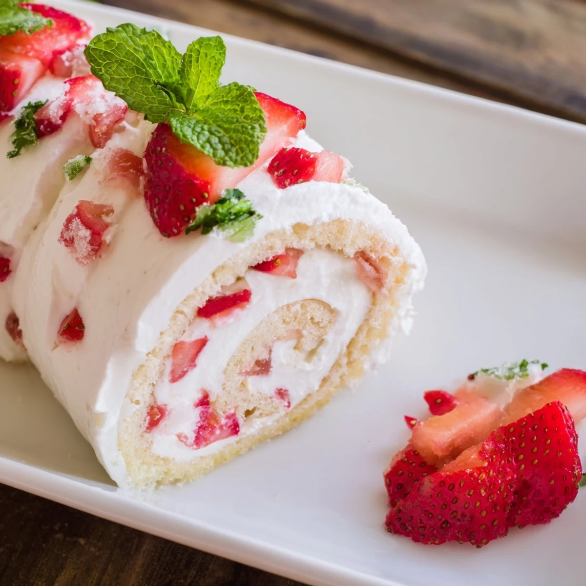 Slice of Strawberry Shortcake Sushi topped with strawberry and mint on a white plate