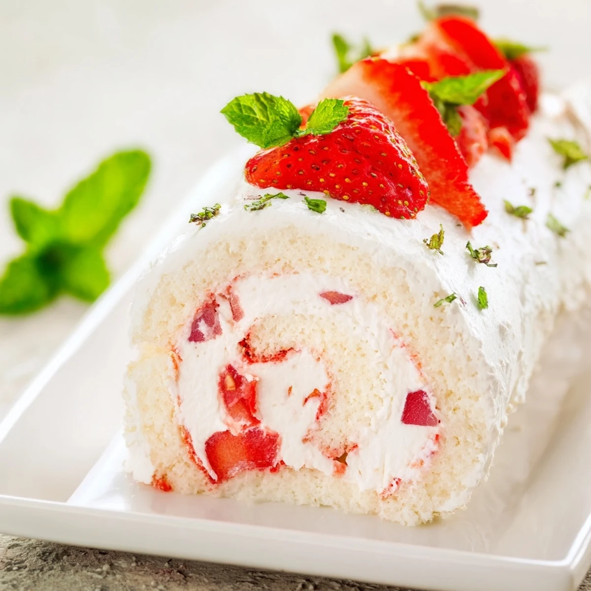 Dessert sushi roll featuring vanilla cake strawberries and cream cut into bite-sized pieces