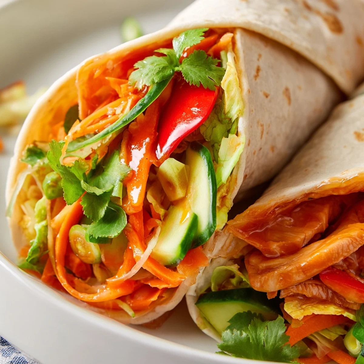 Golden sweet chili chicken wrapped in soft flour tortillas with crisp colorful vegetables and fresh garnishes