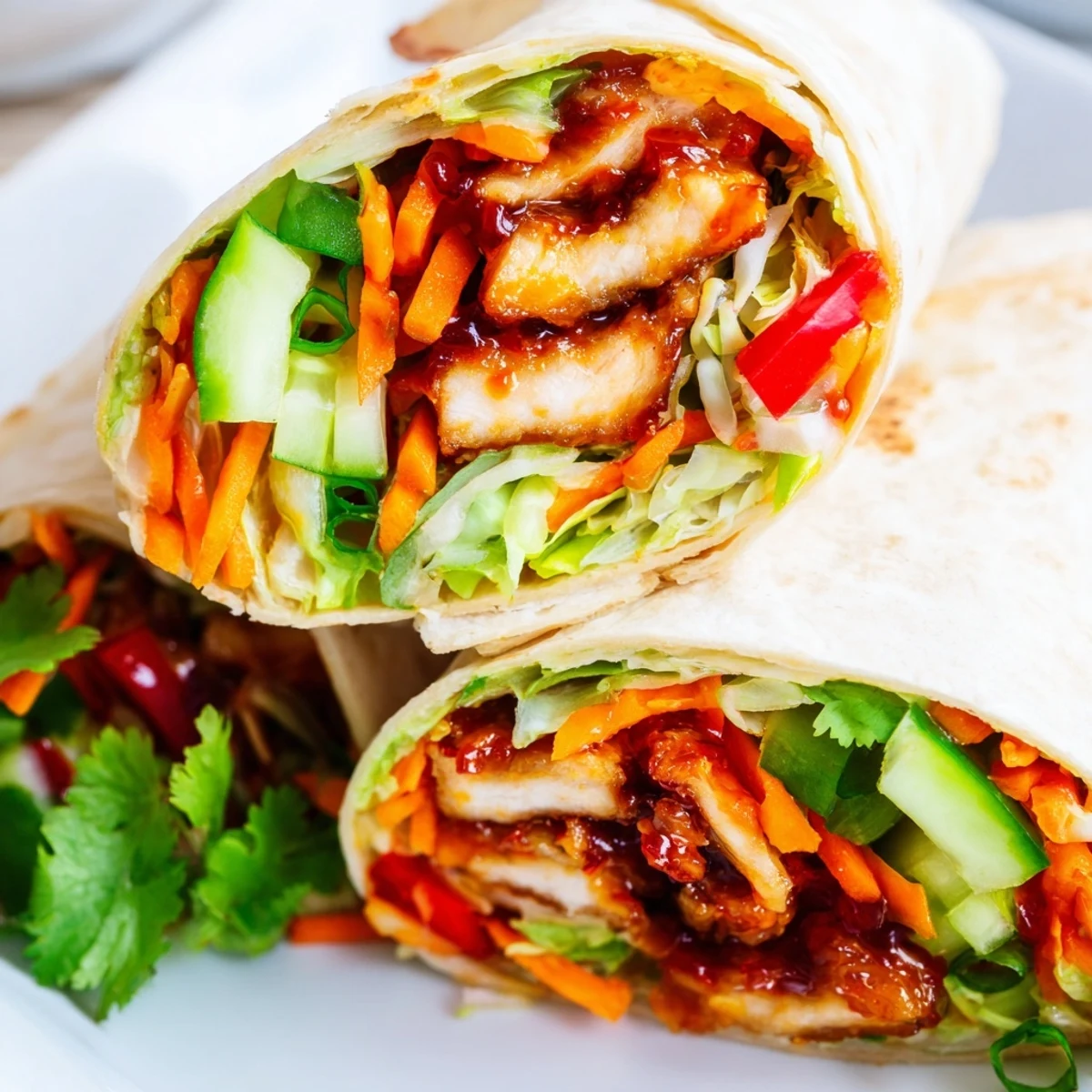 Flavorful Asian-inspired sweet chili chicken wraps featuring juicy meat bell peppers carrots lettuce and cilantro