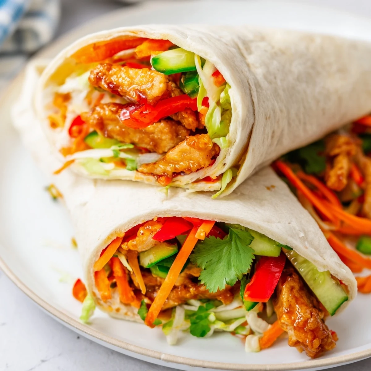 Homemade sweet chili chicken wraps filled with tender marinated strips crunchy veggies and zesty sauce
