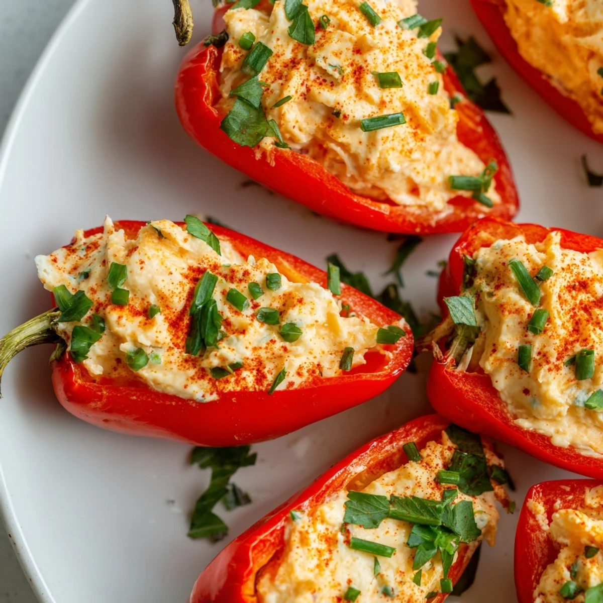 Golden air fryer cream cheese stuffed mini peppers arranged on a serving platter