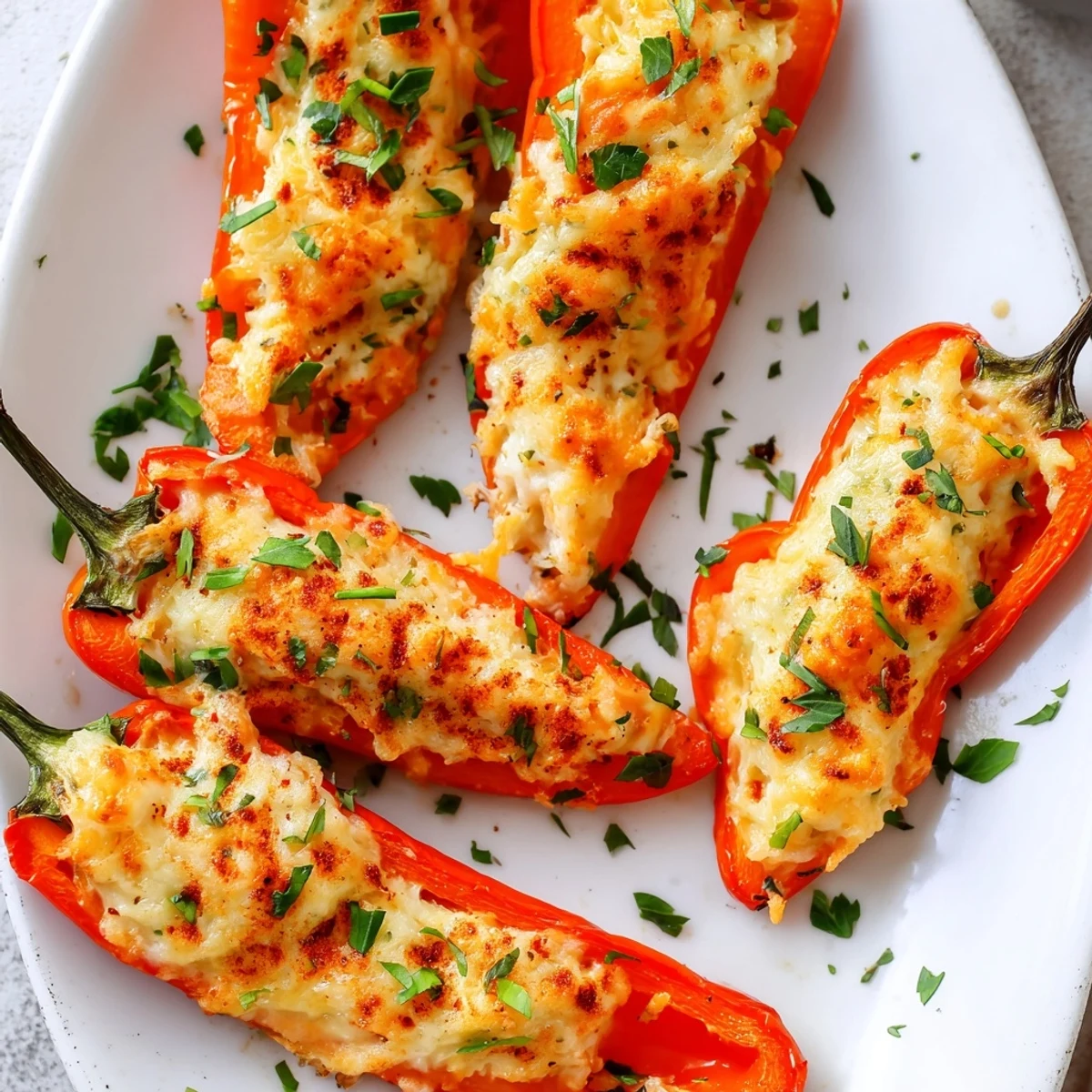 Vibrant red and yellow mini peppers filled with savory cream cheese blend after air frying
