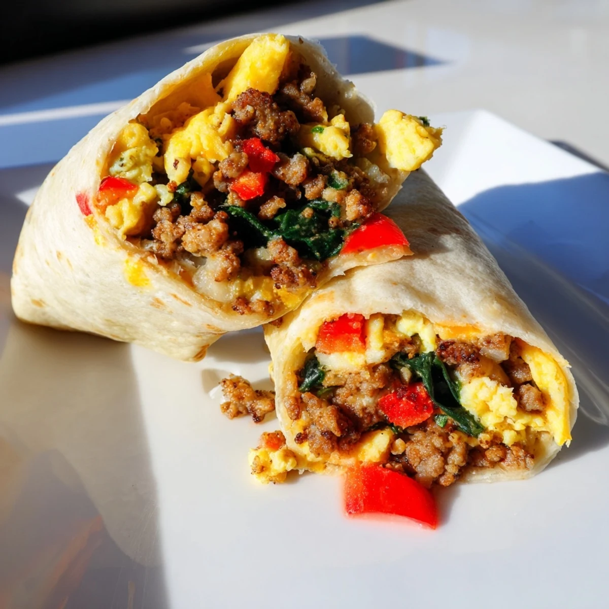 Golden make-ahead breakfast burritos with scrambled eggs, melted cheddar, and savory sausage wrapped in warm flour tortillas