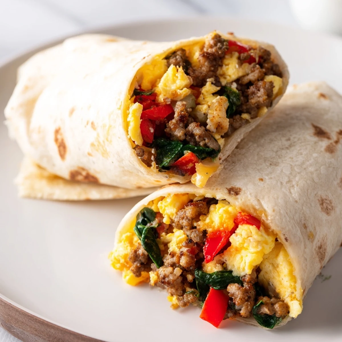 Plated breakfast burritos filled with fluffy eggs, peppers, onions, and cheese ready for grab-and-go morning meals