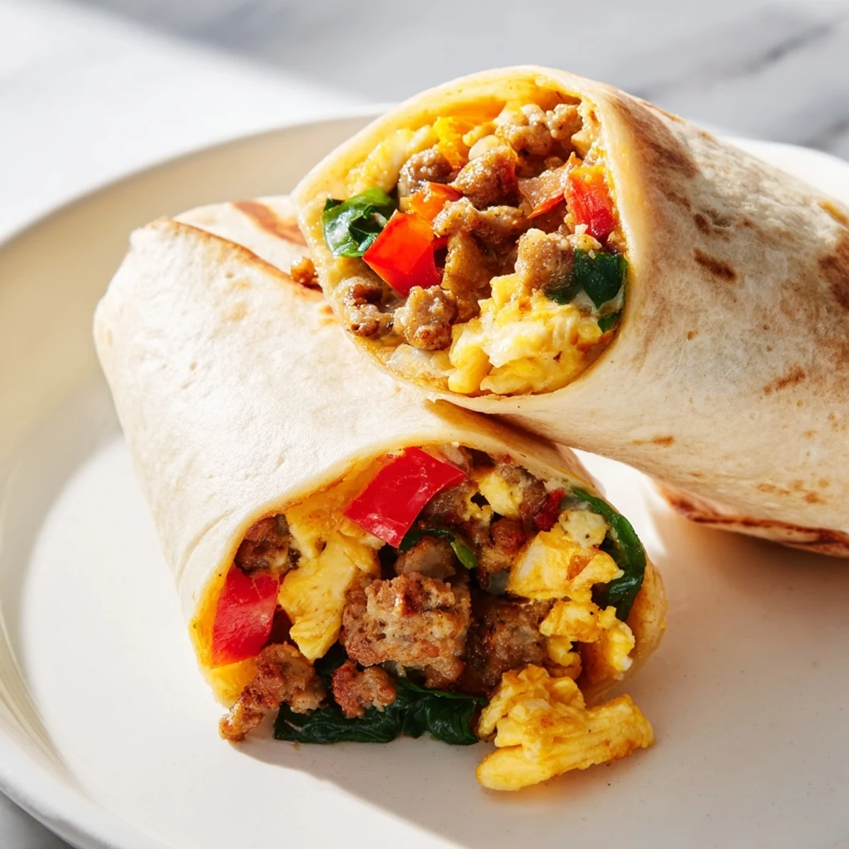 Homemade breakfast burritos showcasing egg, vegetable, and sausage filling rolled inside soft tortillas for easy freezing