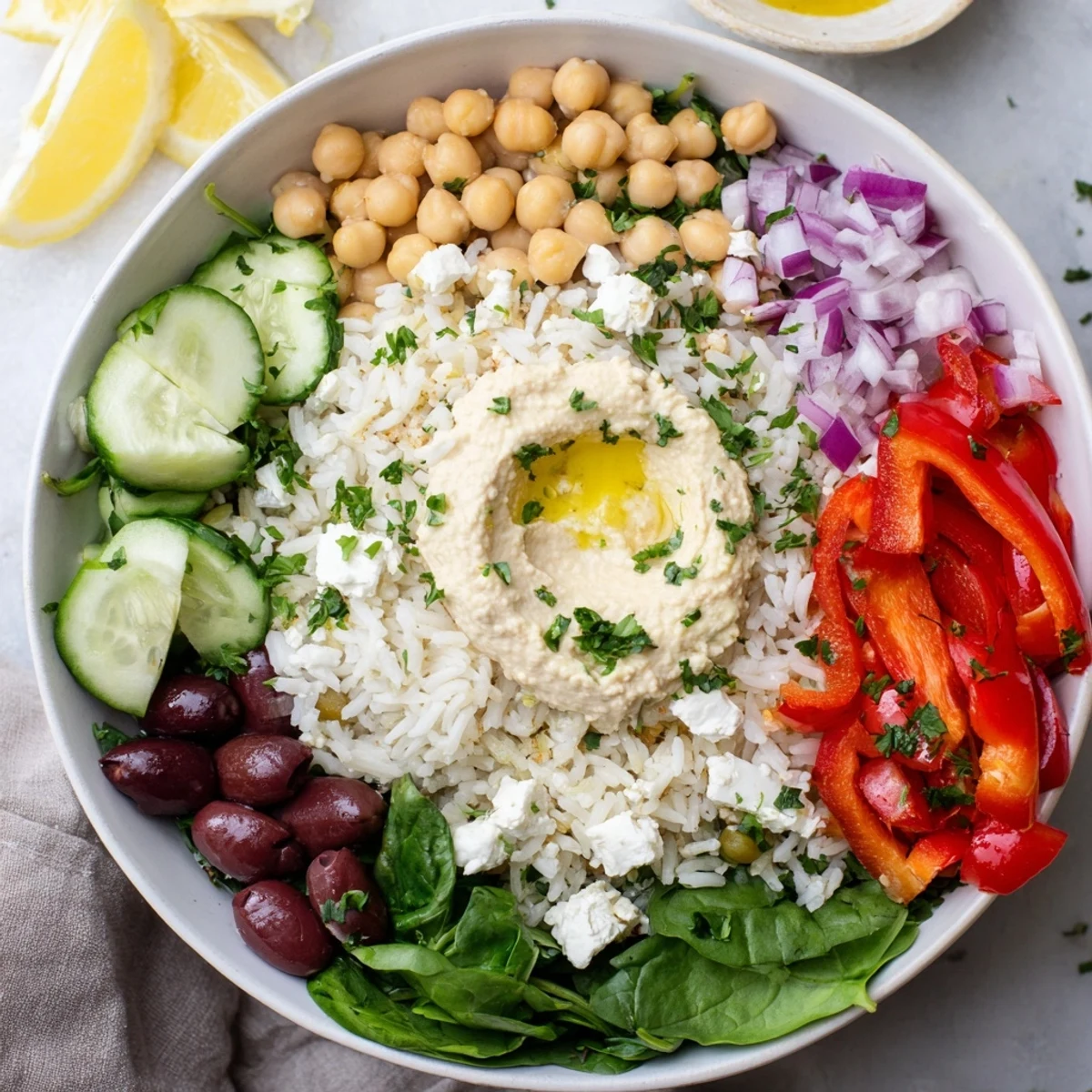 Mediterranean rice bowl topped with crisp veggies, chickpeas, olives, and drizzled tahini sauce