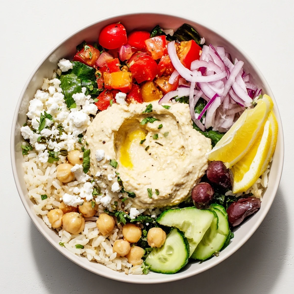 Colorful Mediterranean rice bowl with fresh vegetables, hummus, and creamy lemon-tahini dressing
