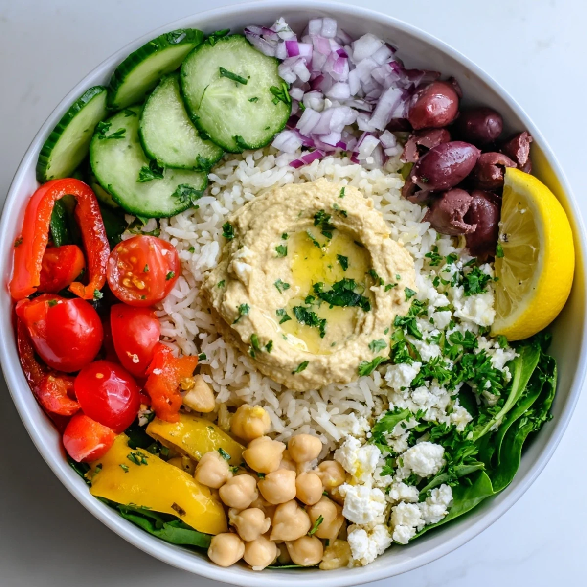 Hearty Mediterranean rice bowl featuring fluffy rice, colorful produce, and tangy lemon dressing