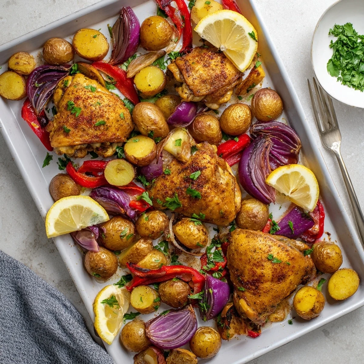 Golden roasted chicken thighs nestled among crispy baby potatoes and colorful vegetables on a baking sheet