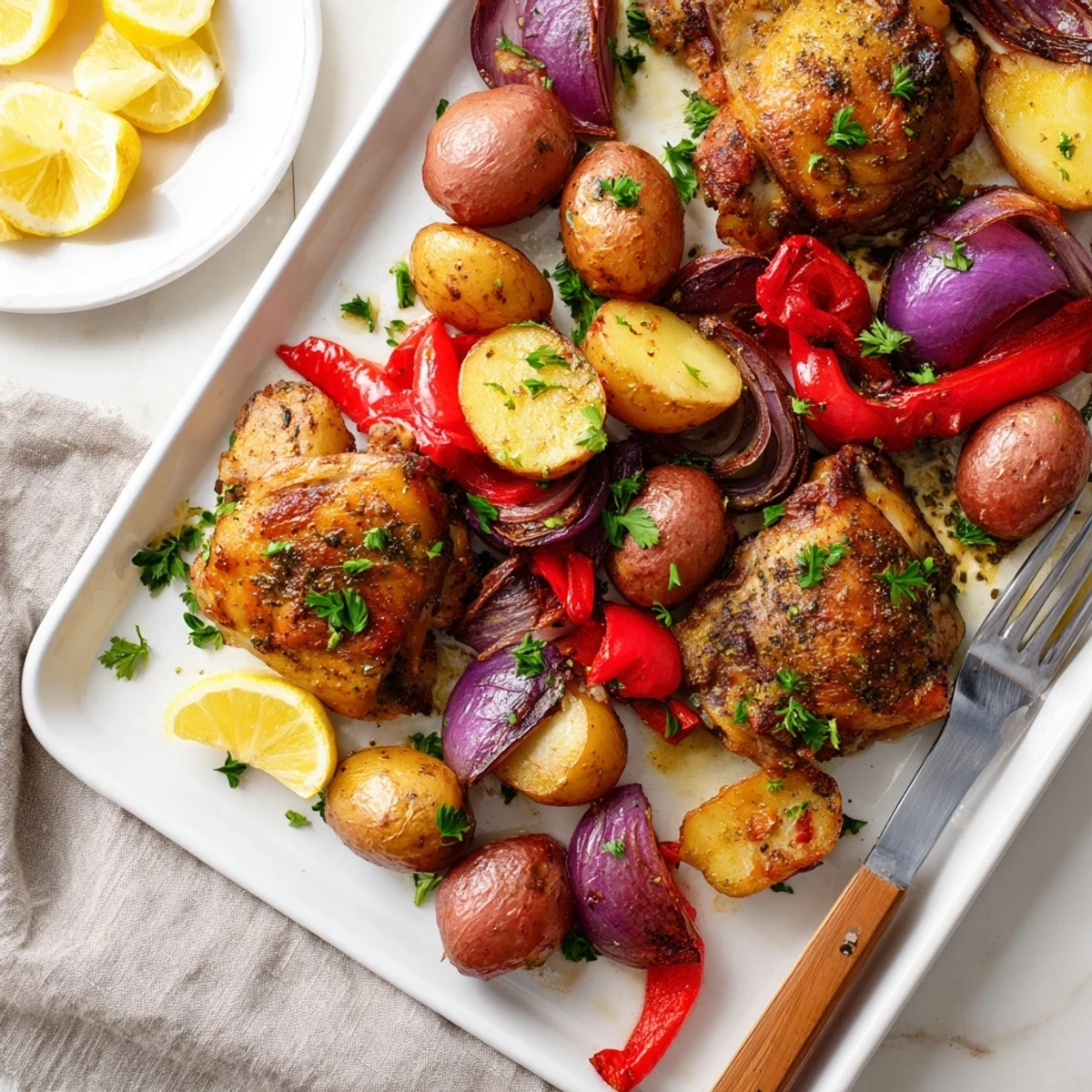 One-pan dinner featuring herb-marinated chicken thighs roasted with red peppers onions and tender potatoes