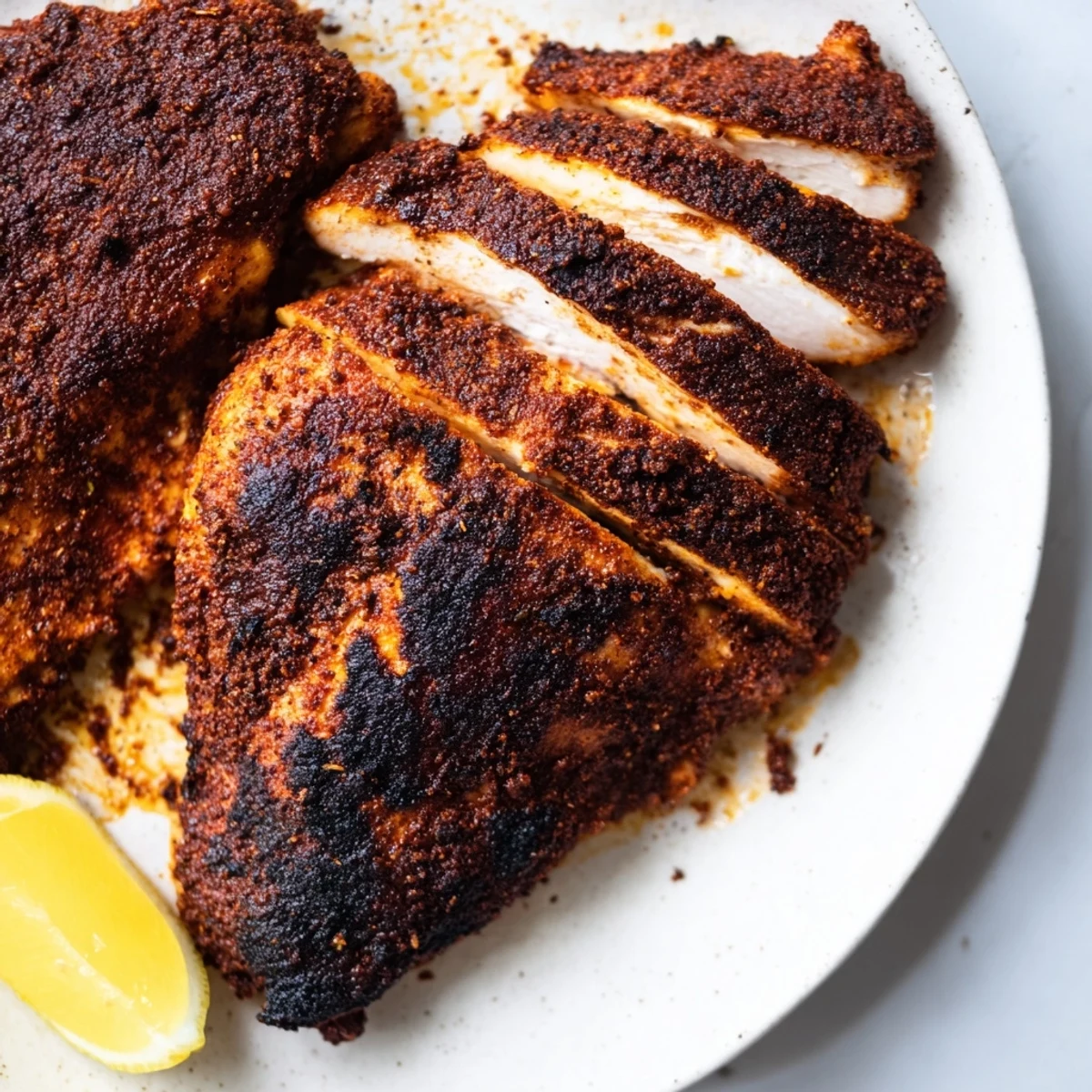 Golden brown blackened chicken breast with a dark spicy crust resting on a white plate