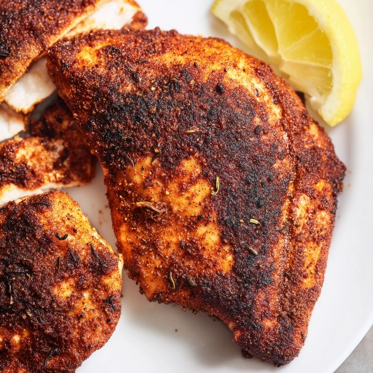 Crispy blackened chicken breast sprinkled with Cajun spices served with fresh lemon wedges
