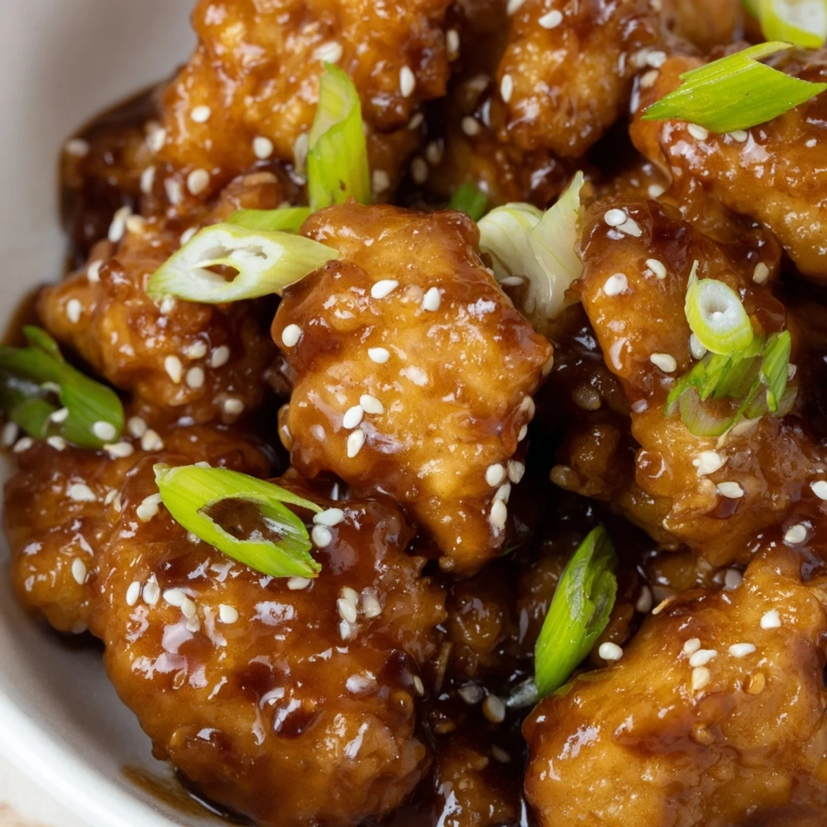 Golden brown Mongolian chicken pieces coated in a glossy sweet and savory soy garlic sauce