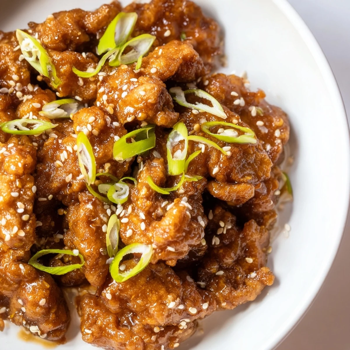 Crispy Mongolian chicken tossed in rich brown sugar ginger glaze with fresh green onion garnish