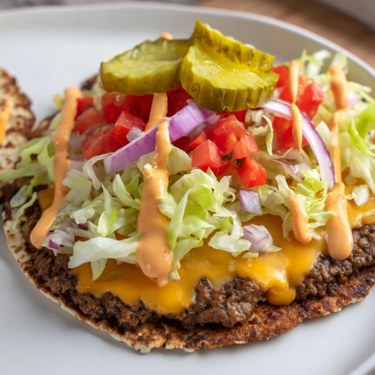 Juicy crispy-edged beef patties wrapped in soft tortillas topped with fresh vegetables and zesty sauce