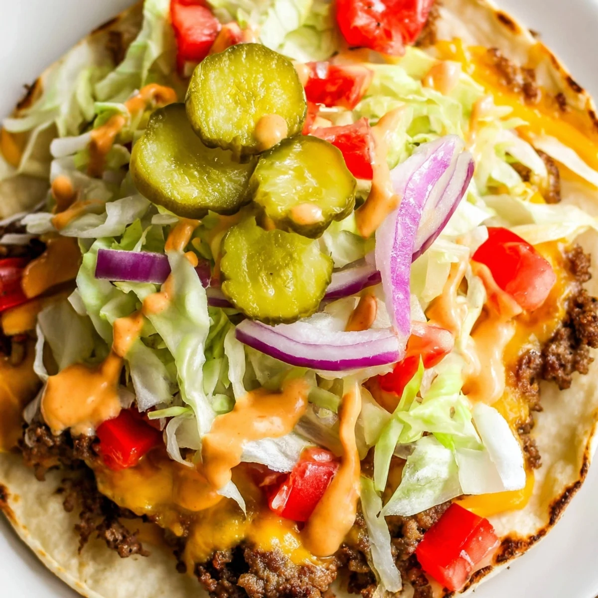 Golden brown smash burger tacos with melted cheese and crisp toppings on warm tortillas