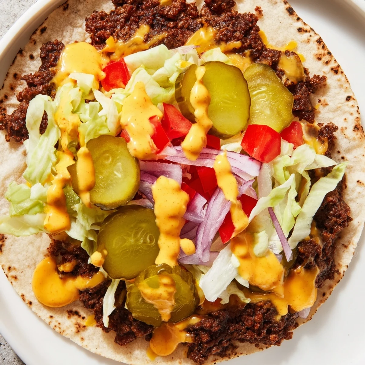 Delicious smash burger tacos featuring melted cheddar, lettuce, tomatoes, and special sauce in flour tortillas
