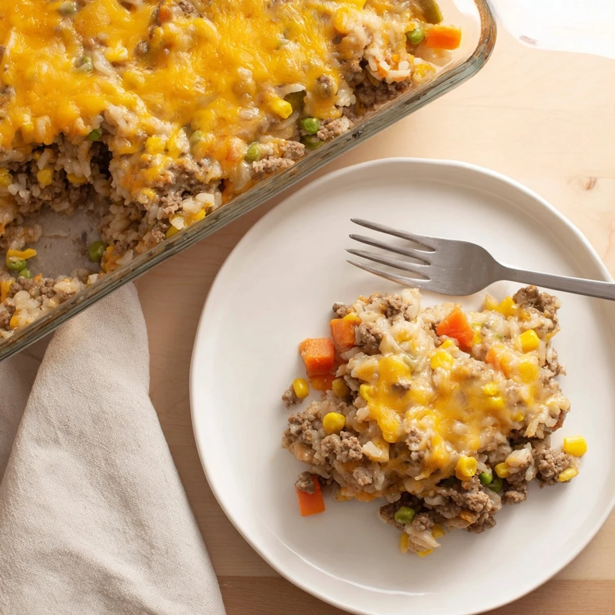 Savory ground beef and rice casserole sprinkled with shredded cheese and served on a wooden dining table