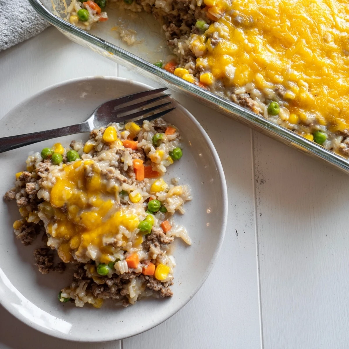 Comforting ground beef and rice casserole fresh from the oven with steam rising from the golden cheese layer