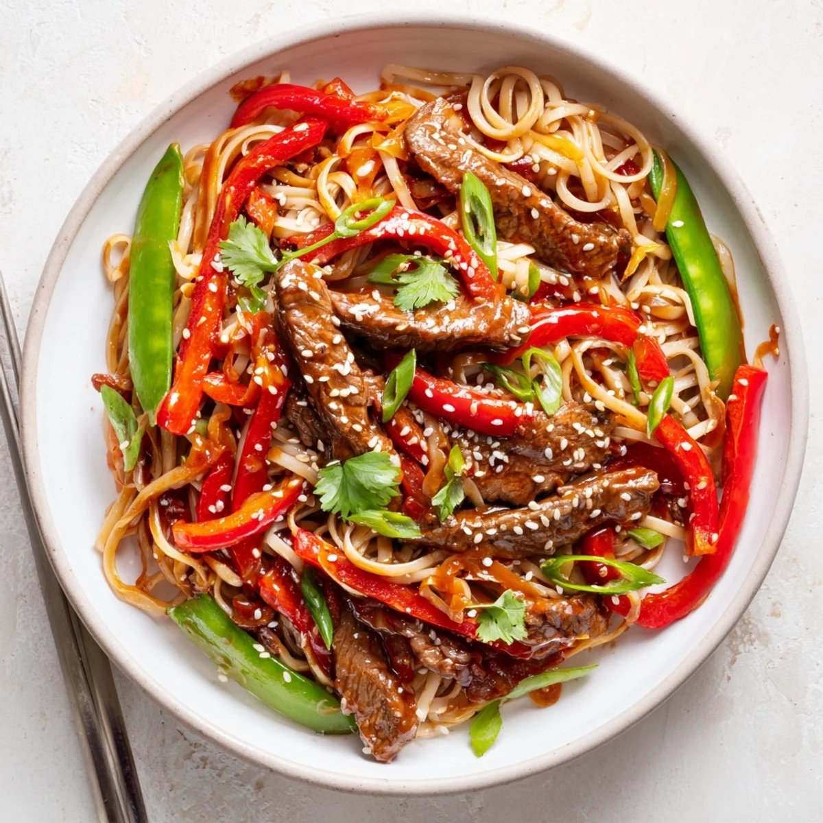 Close-up of sticky beef noodles featuring chewy rice noodles topped with sesame seeds and fresh cilantro