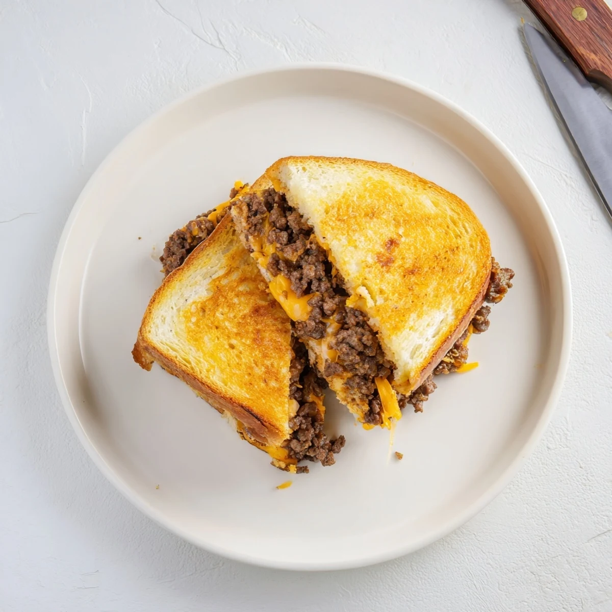 Golden toasted ultimate cheesy ground beef melt sandwich oozing melted cheddar and mozzarella cheese