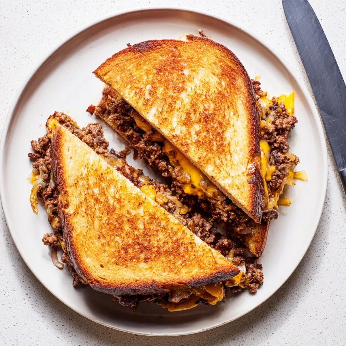 Ultimate cheesy ground beef melt sandwich piled with seasoned beef and caramelized onions on buttered sourdough