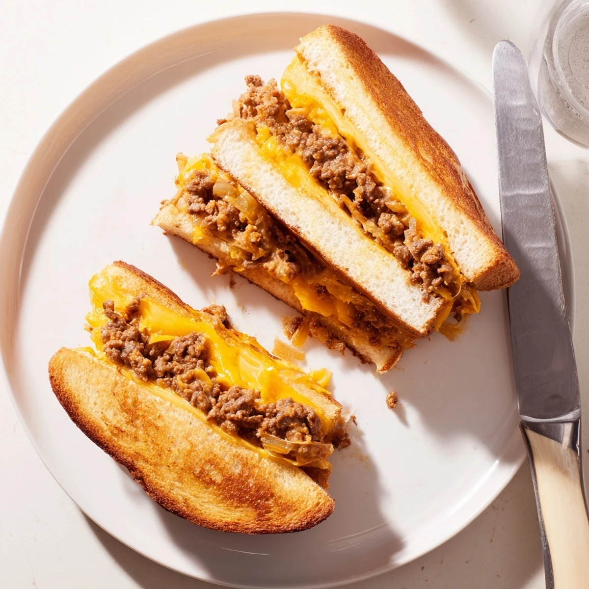 Sliced ultimate cheesy ground beef melt revealing juicy seasoned ground beef and gooey melted cheese layers