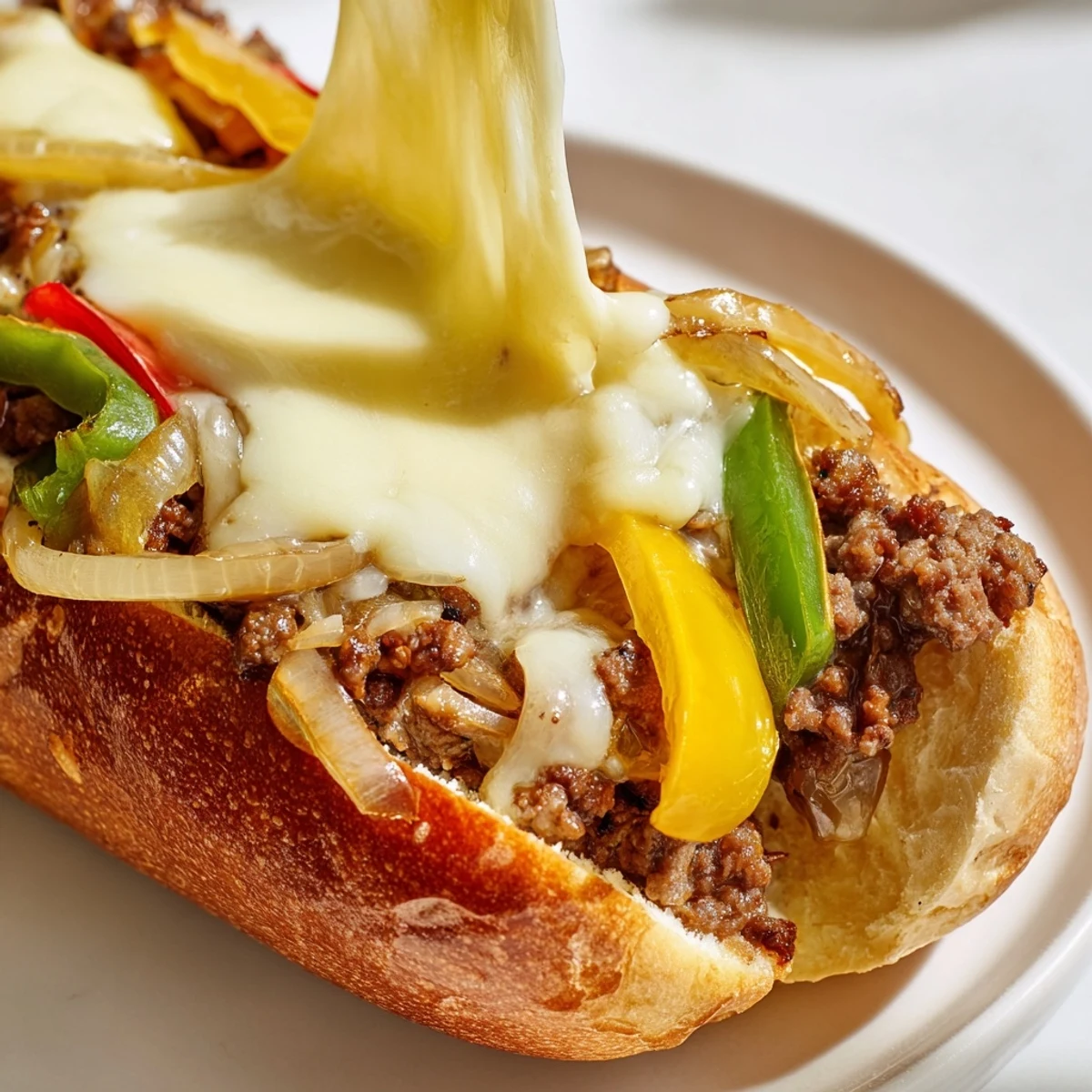 Golden brown ground beef Philly cheesesteaks with melted provolone in toasted hoagie rolls
